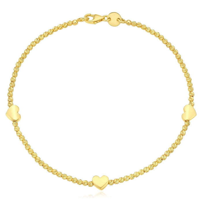14K Yellow Gold or Two - Tone Beaded Heart Station Bracelet (Solid Links) 7" Italian Made - WJD Exclusives