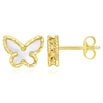 Real 14K Gold Enamel Butterfly Stud Earrings Turquoise Malachite Mother of Pearl - WJD Exclusives