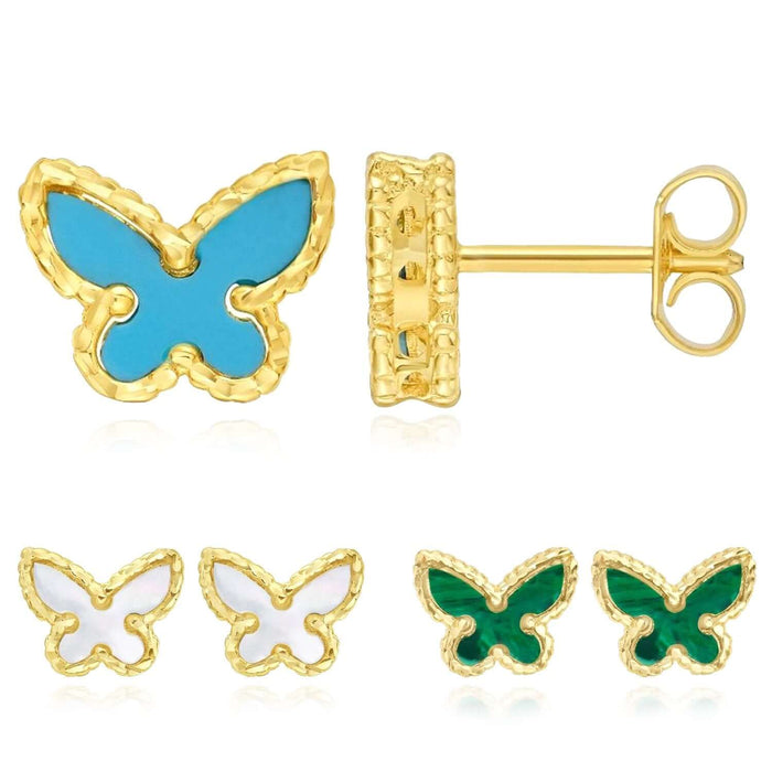 Real 14K Gold Enamel Butterfly Stud Earrings Turquoise Malachite Mother of Pearl - WJD Exclusives