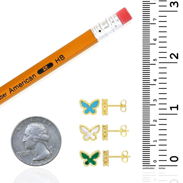 Real 14K Gold Enamel Butterfly Stud Earrings Turquoise Malachite Mother of Pearl - WJD Exclusives