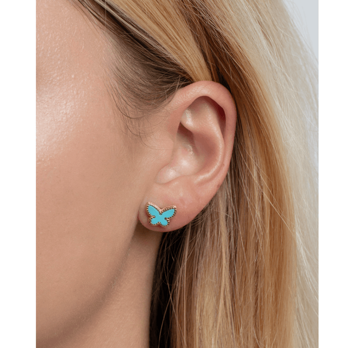Real 14K Gold Enamel Butterfly Stud Earrings Turquoise Malachite Mother of Pearl - WJD Exclusives