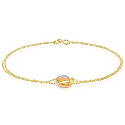 14K Tri - Color Gold Interlock Trinity Circles Cable Bracelet (Solid Links) 7.5" Double Row - WJD Exclusives