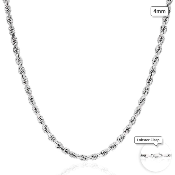 10K White Gold 4mm Diamond-Cut Rope Chain (Solid Links) 20"-24"