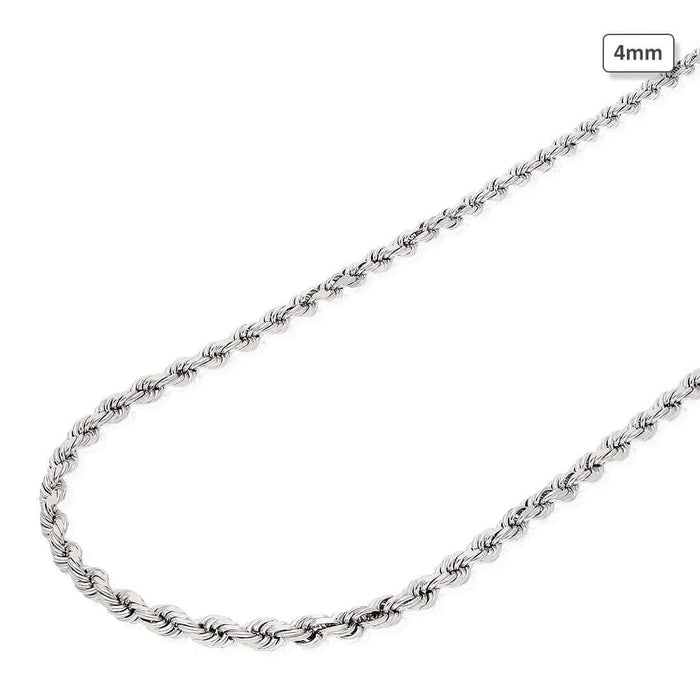 10K White Gold 4mm Diamond-Cut Rope Chain (Solid Links) 20"-24"