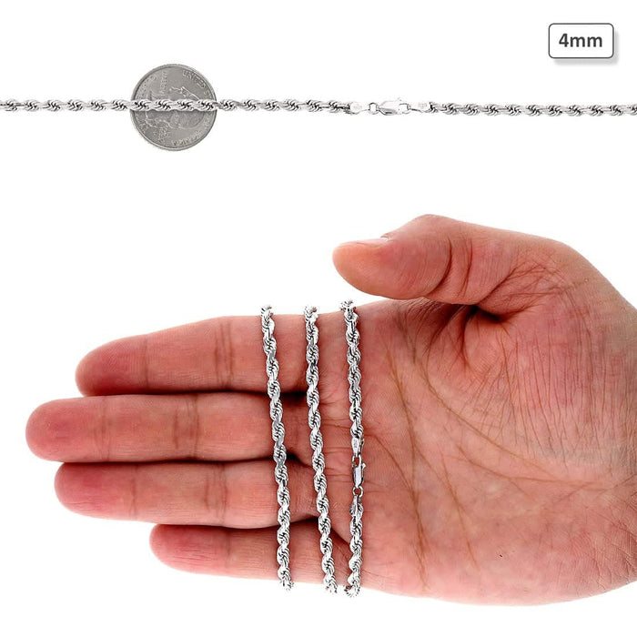 10K White Gold 4mm Diamond-Cut Rope Chain (Solid Links) 20"-24"