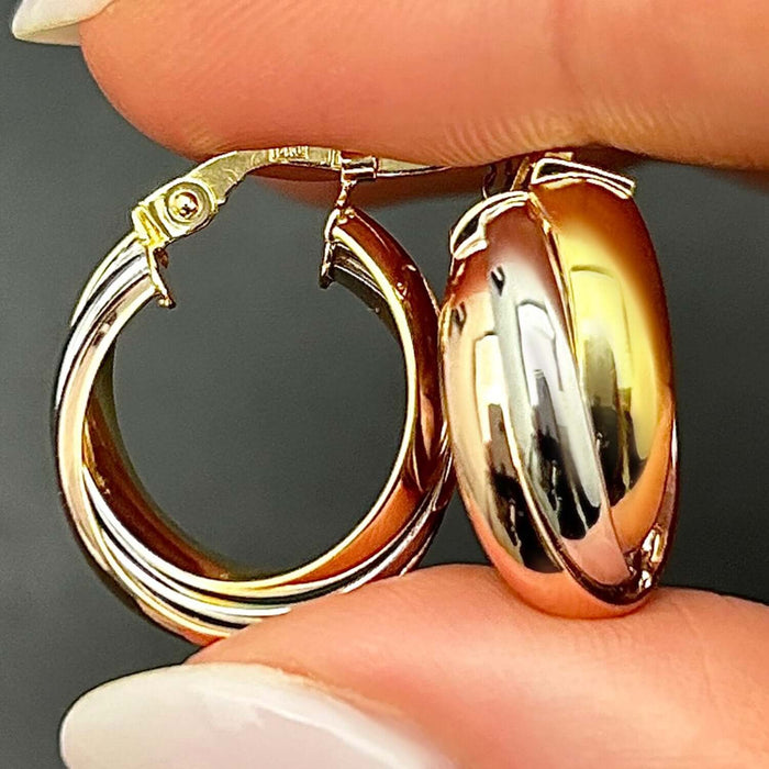 Real 14K Gold Tri - Color Interlocked Trinity Hoop Earrings 20mm – Italian Made - WJD Exclusives