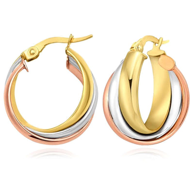 Real 14K Gold Tri - Color Interlocked Trinity Hoop Earrings 20mm – Italian Made - WJD Exclusives