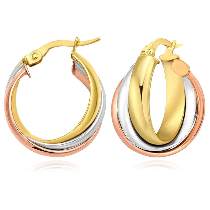Real 14K Gold Tri - Color Interlocked Trinity Hoop Earrings 20mm – Italian Made - WJD Exclusives