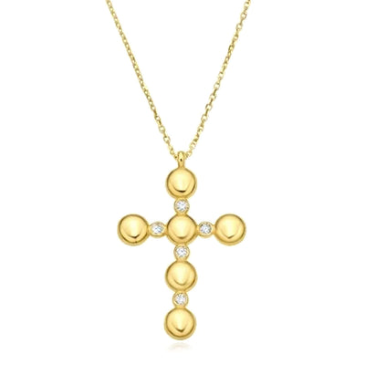 Natural Diamond 14K Yellow Gold Bezel Pebble Cross Necklace (Solid Links) 16" - 18" Adjustable - WJD Exclusives