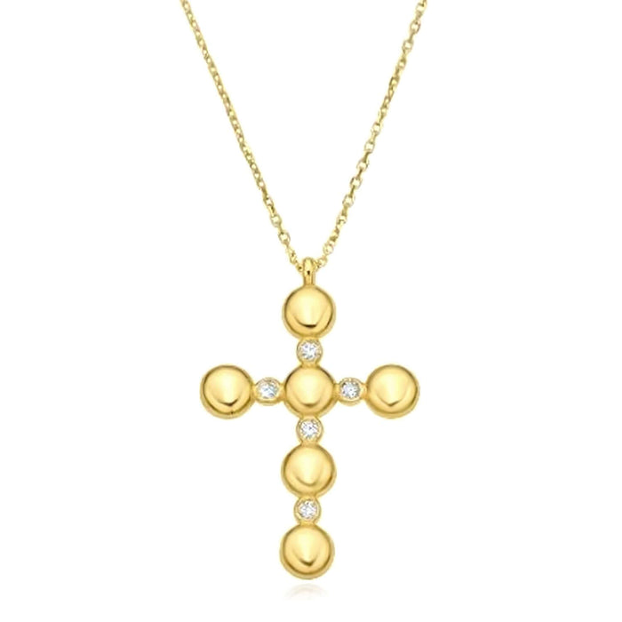 Natural Diamond 14K Yellow Gold Bezel Pebble Cross Necklace (Solid Links) 16" - 18" Adjustable - WJD Exclusives