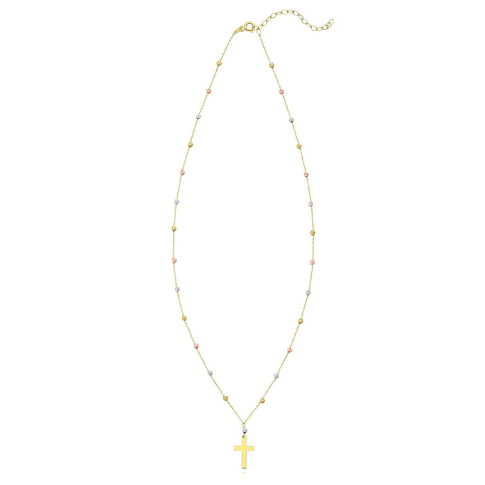 14K Tri - Color Gold Cross Beaded Necklace (Solid Links) 16" - 18" Adjustable - WJD Exclusives