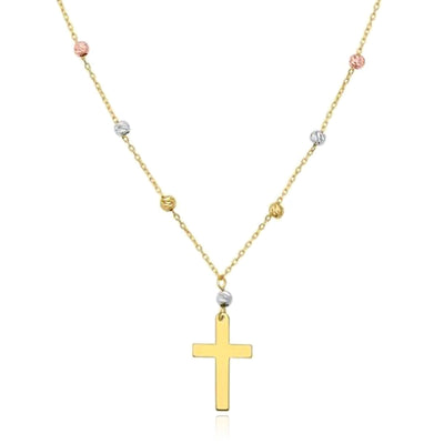 14K Tri - Color Gold Cross Beaded Necklace (Solid Links) 16" - 18" Adjustable - WJD Exclusives