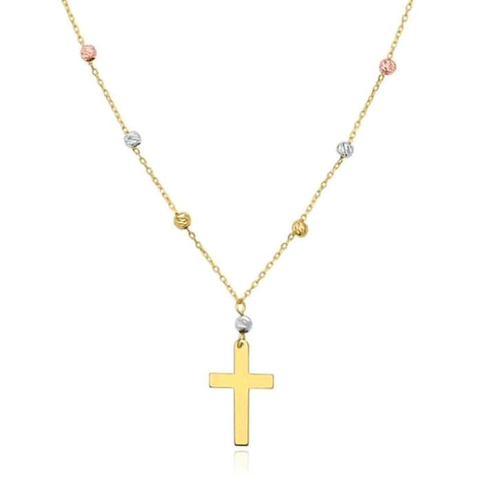 14K Tri - Color Gold Cross Beaded Necklace (Solid Links) 16" - 18" Adjustable - WJD Exclusives