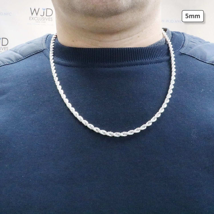 10K White Gold 5mm Diamond-Cut Rope Chain (Solid Links) 20"-26"