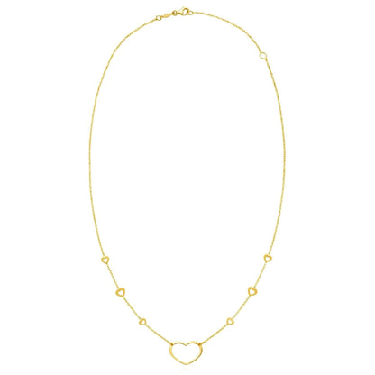 Real 14K Gold Open Heart Pendant Station Necklace 16"-18" Adjustable