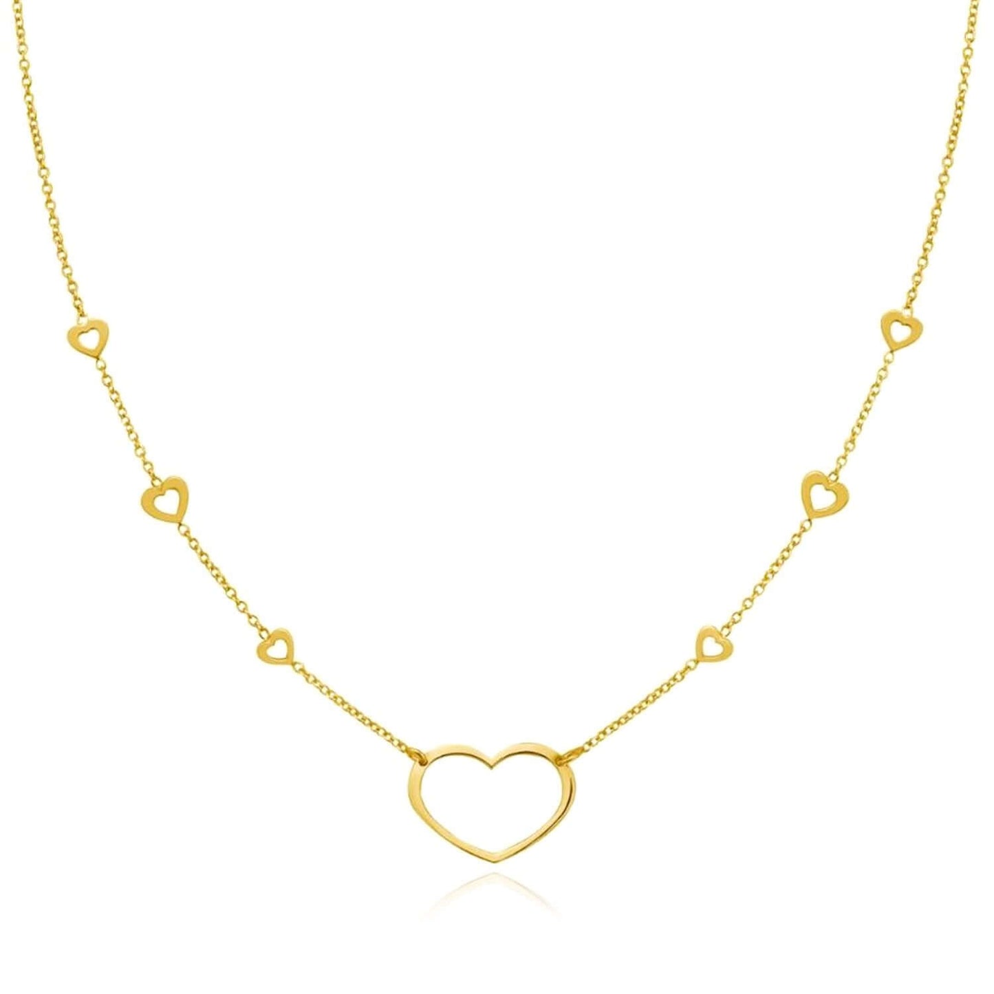 Real 14K Gold Open Heart Pendant Station Necklace 16"-18" Adjustable