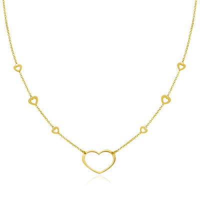 14K Yellow Gold Open Heart Station Necklace (Solid Links) 16" - 18" Adjustable - WJD Exclusives
