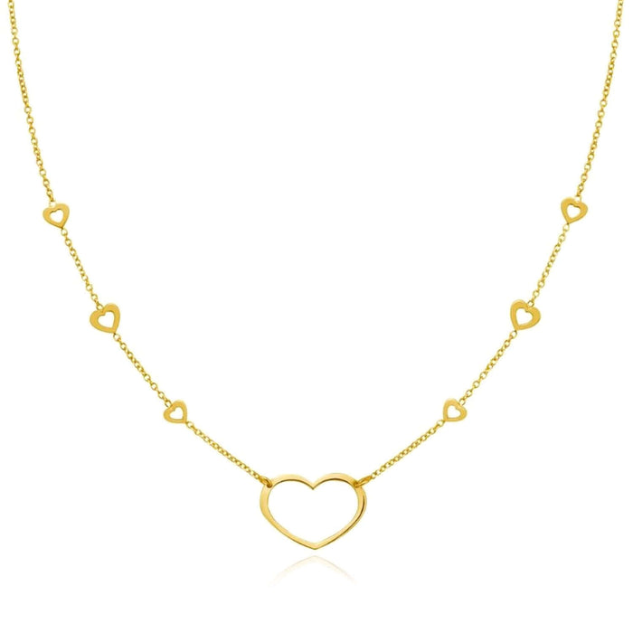 14K Yellow Gold Open Heart Station Necklace (Solid Links) 16" - 18" Adjustable - WJD Exclusives