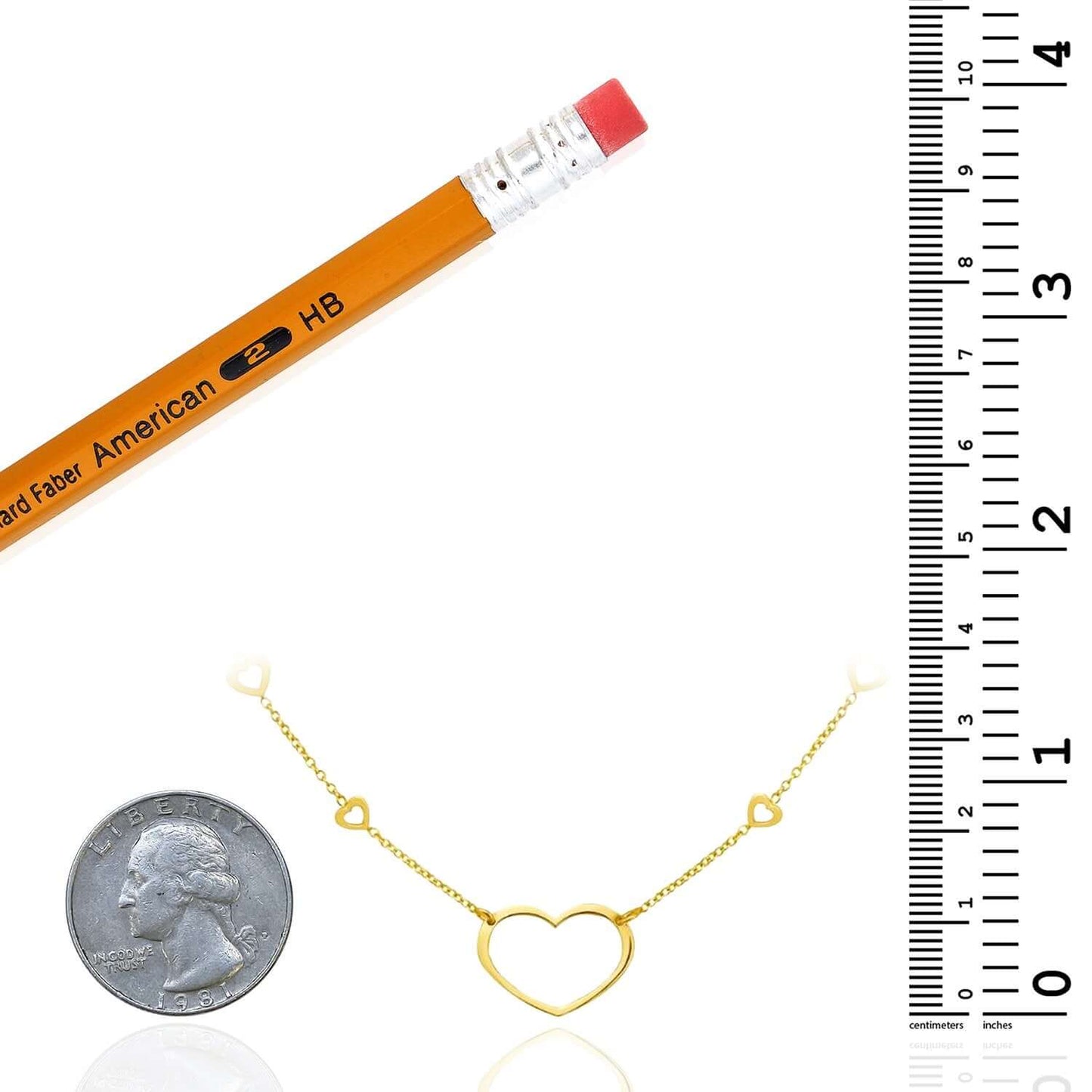 Real 14K Gold Open Heart Pendant Station Necklace 16"-18" Adjustable