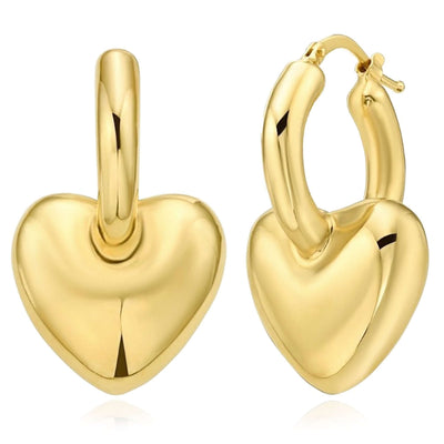 Real 14K Gold Puffy Heart Huggie Hoop Dangle Earrings – Italian Made 32mm - WJD Exclusives