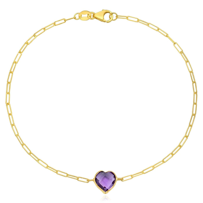14K Yellow Gold Paperclip Bracelet with Heart Gemstone (Solid Links) 7" Italian Made - WJD Exclusives