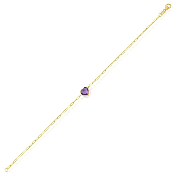 14K Yellow Gold Paperclip Bracelet with Heart Gemstone (Solid Links) 7" Italian Made - WJD Exclusives