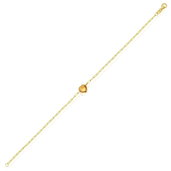 14K Yellow Gold Paperclip Bracelet with Heart Gemstone (Solid Links) 7" Italian Made - WJD Exclusives