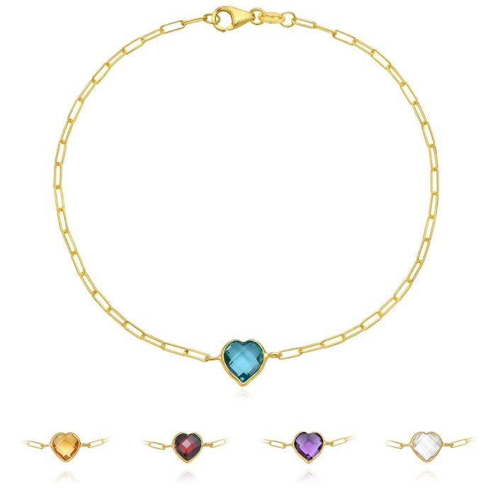 14K Yellow Gold Paperclip Bracelet with Heart Gemstone (Solid Links) 7" Italian Made - WJD Exclusives