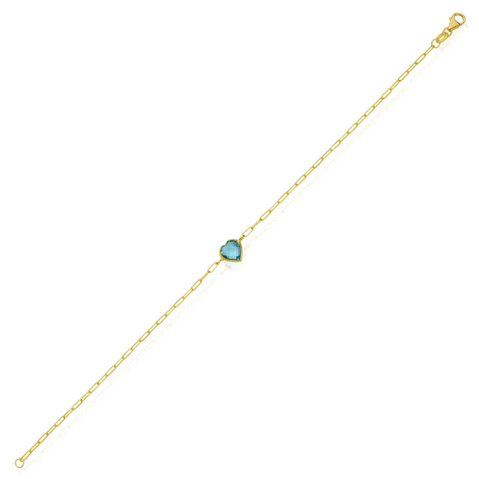 14K Yellow Gold Paperclip Bracelet with Heart Gemstone (Solid Links) 7" Italian Made - WJD Exclusives