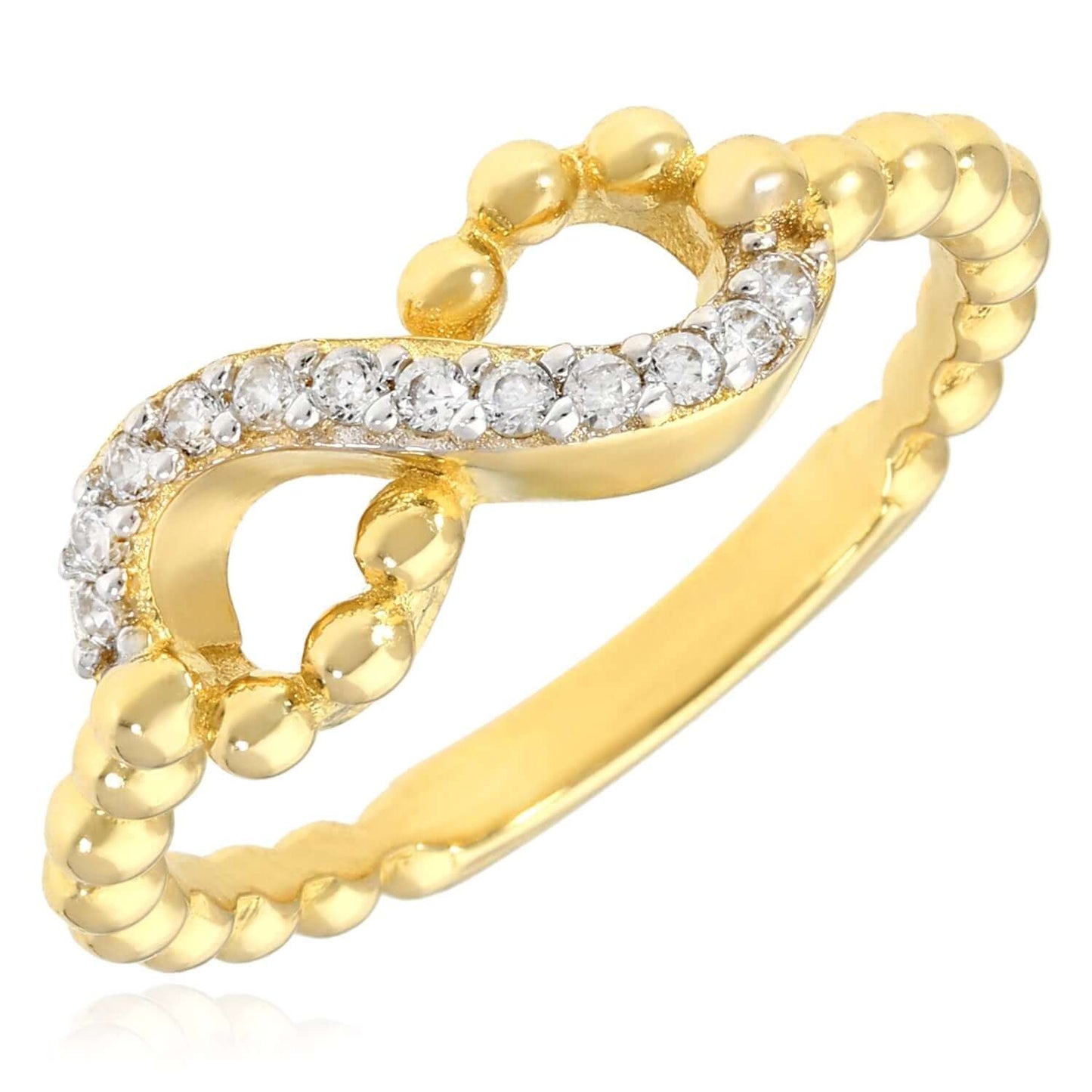 Real 14K Gold Beaded Infinity Ring with CZ Accents – Italian Made