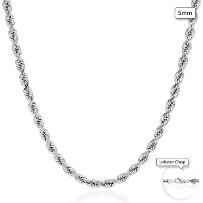 10K White Gold 5mm Diamond-Cut Rope Chain (Solid Links) 20"-26"