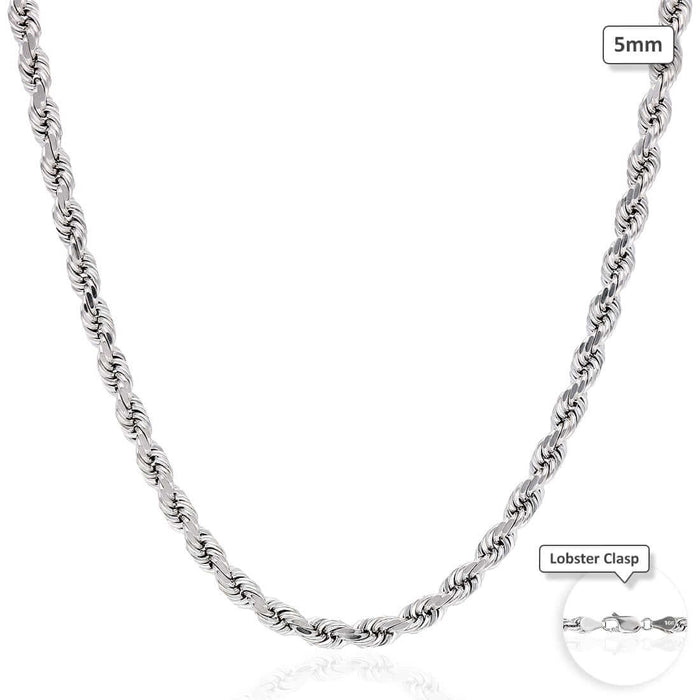10K White Gold 5mm Diamond-Cut Rope Chain (Solid Links) 20"-26"