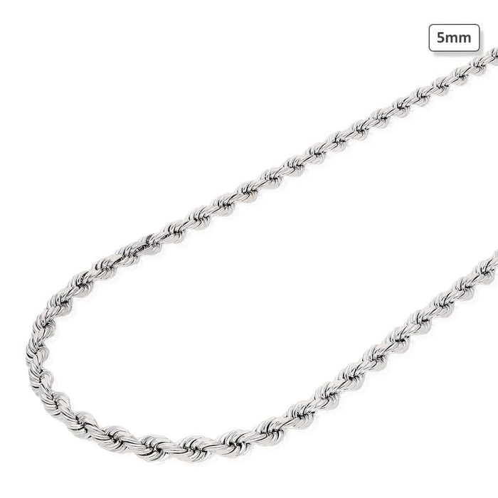 10K White Gold 5mm Diamond-Cut Rope Chain (Solid Links) 20"-26"