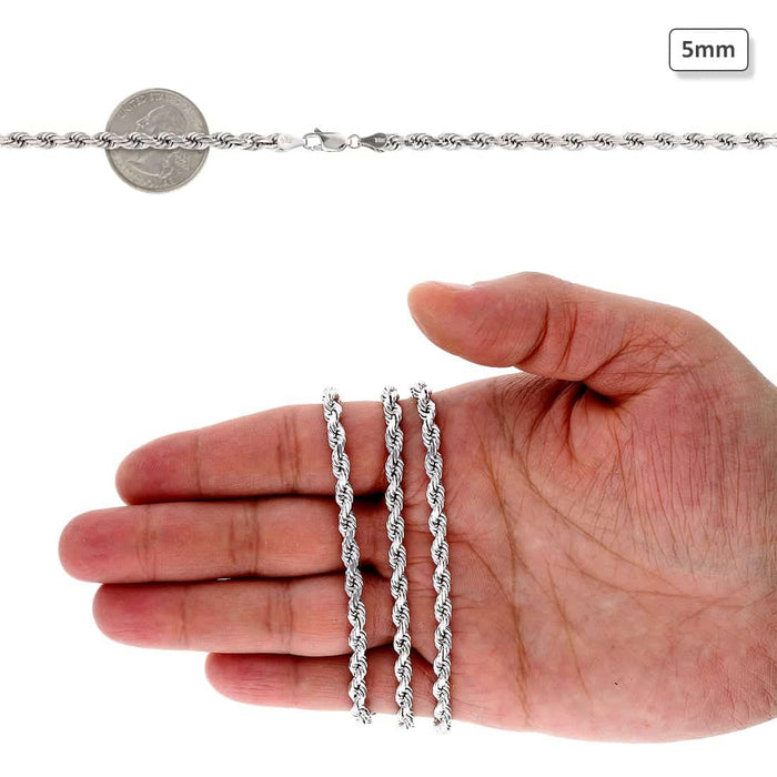 10K White Gold 5mm Diamond-Cut Rope Chain (Solid Links) 20"-26"