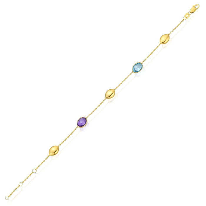 14K Yellow Gold Beaded Bracelet with Amethyst & Blue Topaz (Solid Links) 7.5" – Italian Made - WJD Exclusives