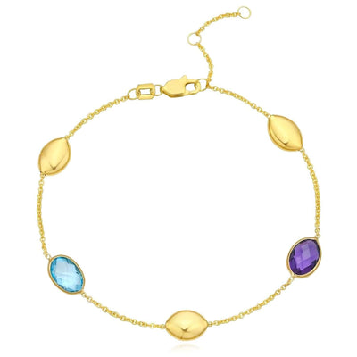 14K Yellow Gold Beaded Bracelet with Amethyst & Blue Topaz (Solid Links) 7.5" – Italian Made - WJD Exclusives
