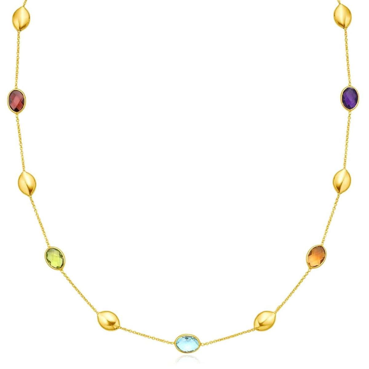 14K Yellow Gold Bead Gemstone Necklace Topaz Peridot Amethyst Garnet & Citrine (Solid Links) 17" - WJD Exclusives