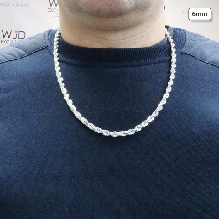 10K White Gold 6mm Diamond-Cut Rope Chain (Solid Links) 22"-28"