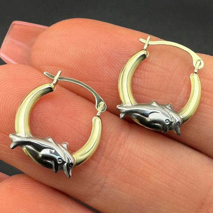 Real 10K Gold Two - Tone Double Dolphin Huggie Hoop Earrings 15mm – Italian Made - WJD Exclusives