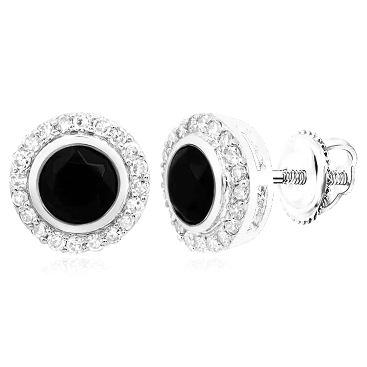 Natural Diamond Black Onyx 10K Gold Halo Stud Earrings 8mm Screw Back Yellow White - WJD Exclusives