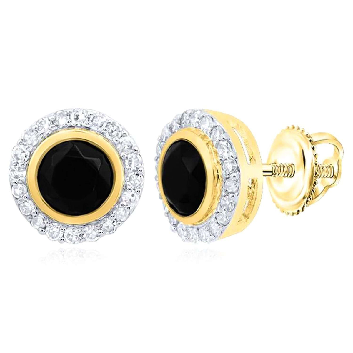 Natural Diamond Black Onyx 10K Gold Halo Stud Earrings 8mm Screw Back Yellow White - WJD Exclusives