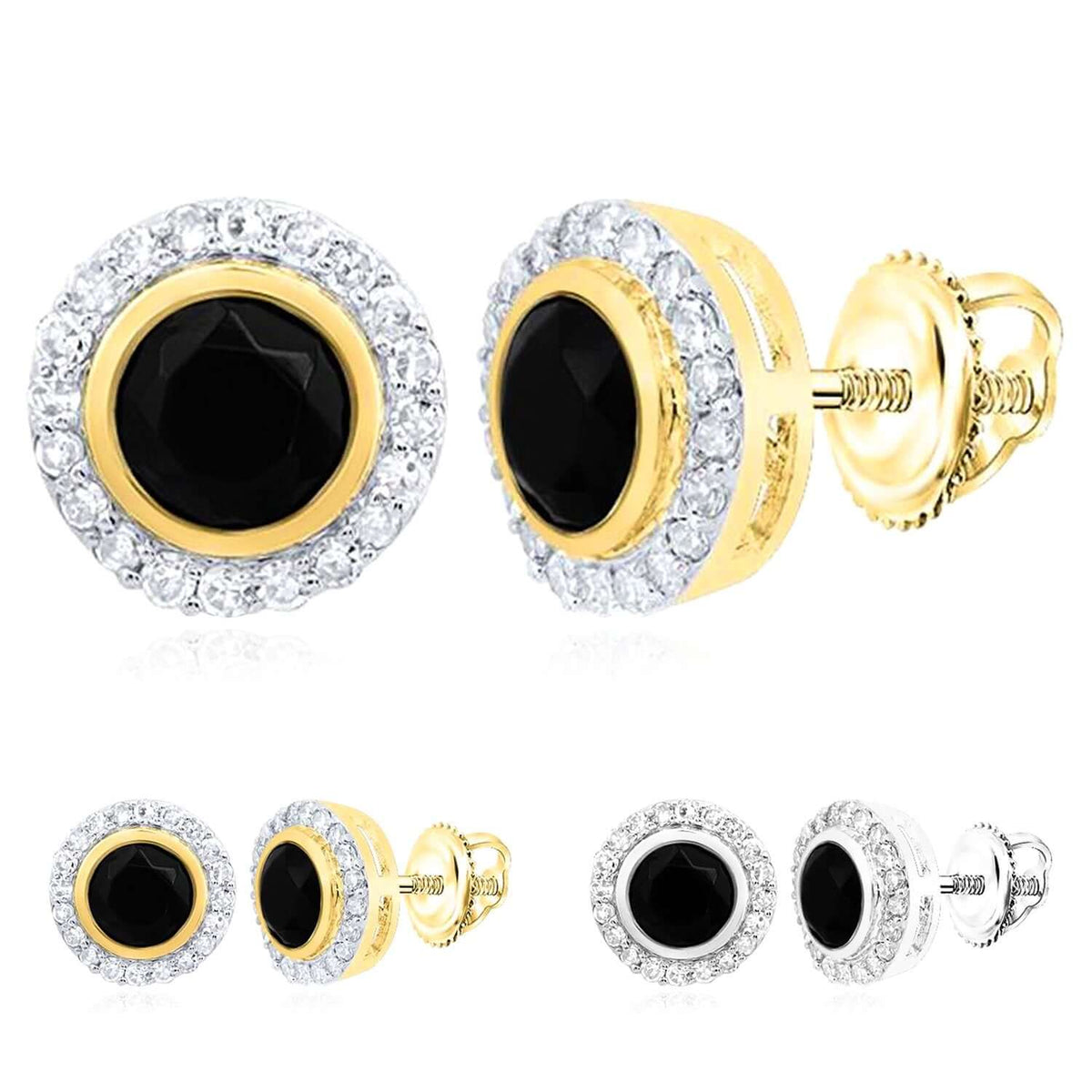 Natural Diamond Black Onyx 10K Gold Halo Stud Earrings 8mm Screw Back Yellow White - WJD Exclusives