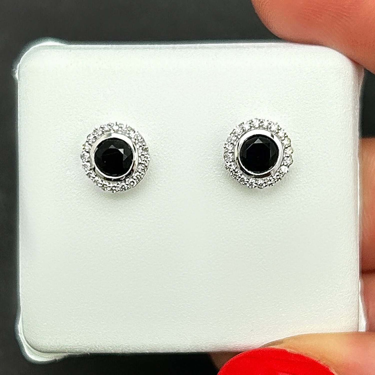 Natural Diamond Black Onyx 10K Gold Halo Stud Earrings 8mm Screw Back Yellow White - WJD Exclusives