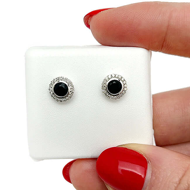 Natural Diamond Black Onyx 10K Gold Halo Stud Earrings 8mm Screw Back Yellow White - WJD Exclusives