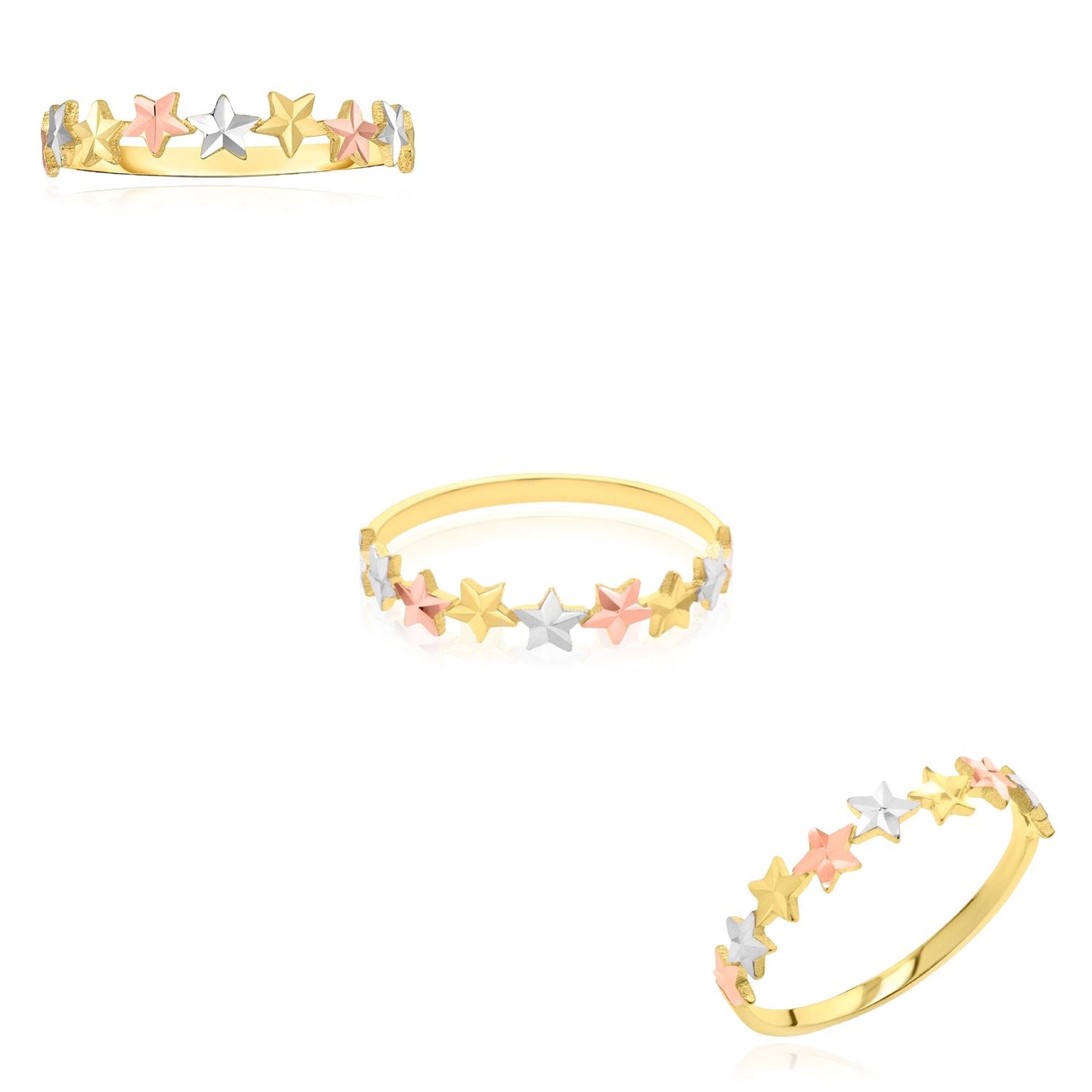 Real 10K Gold Tri-Color Star Stackable Ring – Italian Made