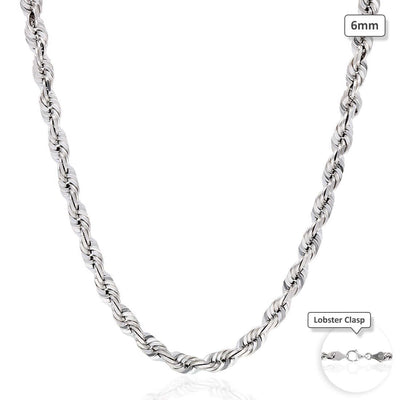 10K White Gold 6mm Diamond-Cut Rope Chain (Solid Links) 22"-28"