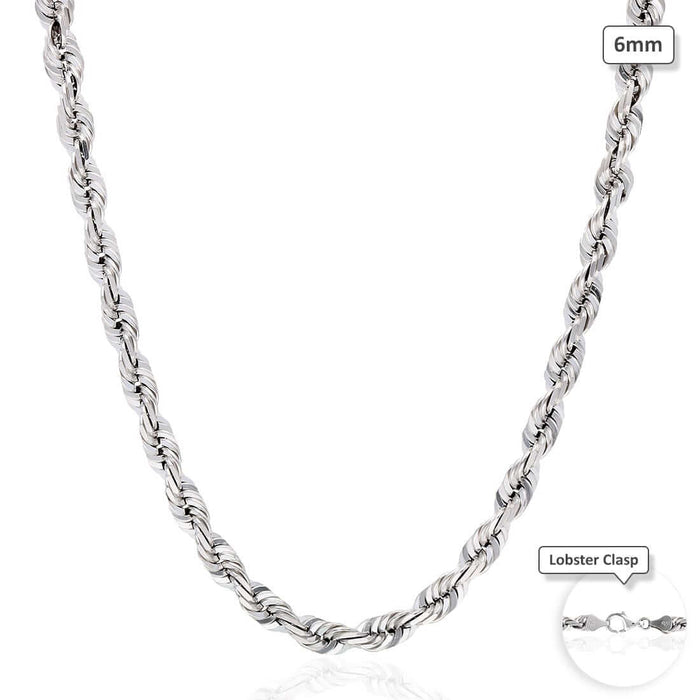10K White Gold 6mm Diamond-Cut Rope Chain (Solid Links) 22"-28"