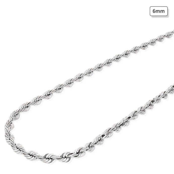 10K White Gold 6mm Diamond-Cut Rope Chain (Solid Links) 22"-28"