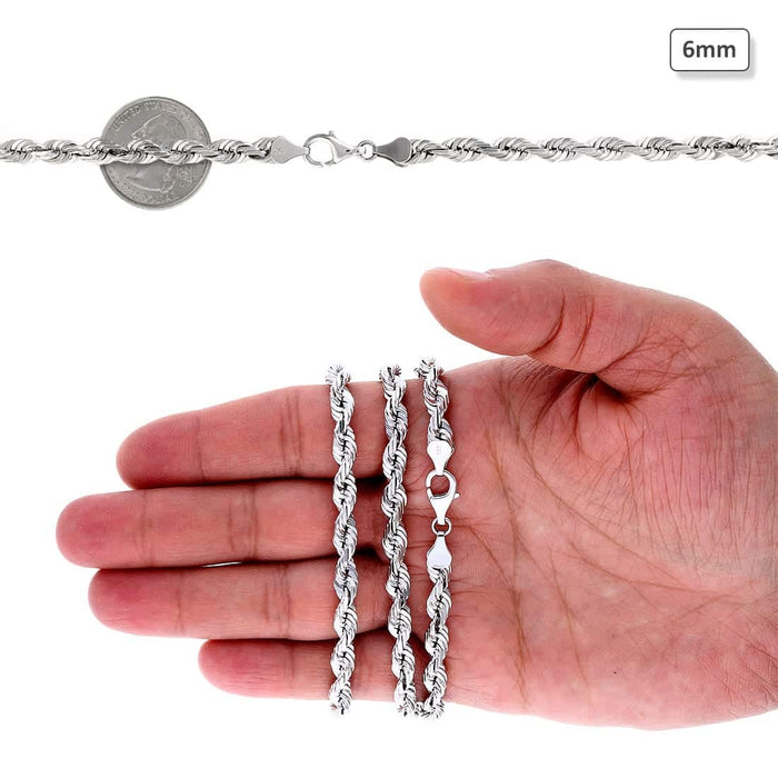 10K White Gold 6mm Diamond-Cut Rope Chain (Solid Links) 22"-28"