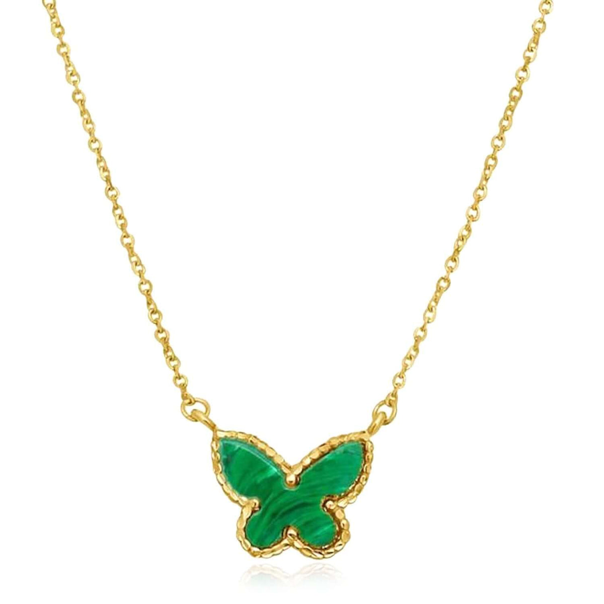 14K Yellow Gold Butterfly Necklace Turquoise Malachite Mother of Pearl (Solid Links) 16" - 18" Adjustable - WJD Exclusives